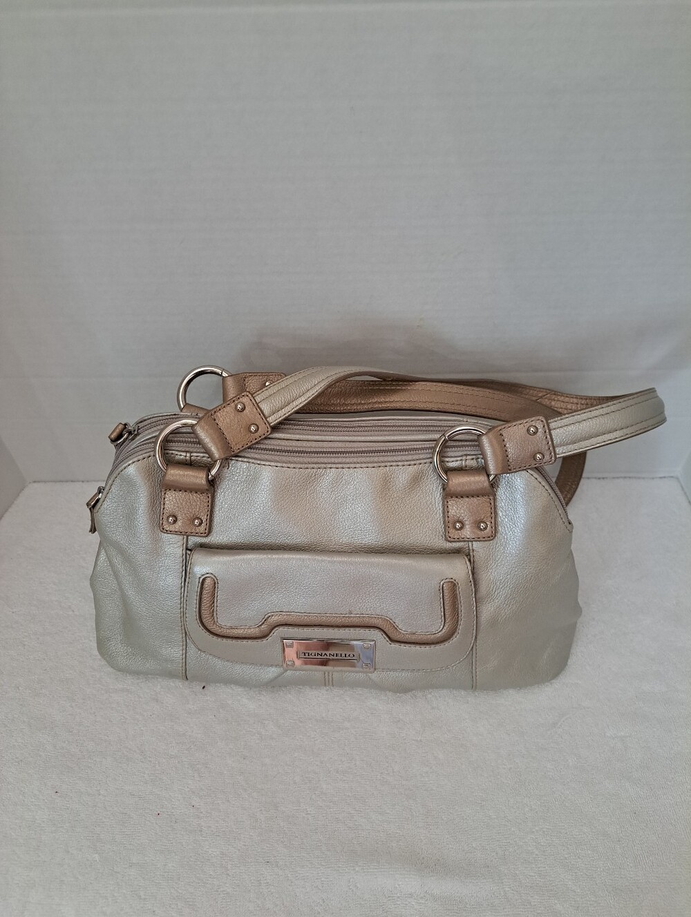 Tignanello Metallic Taupe Satchel with Dual Straps